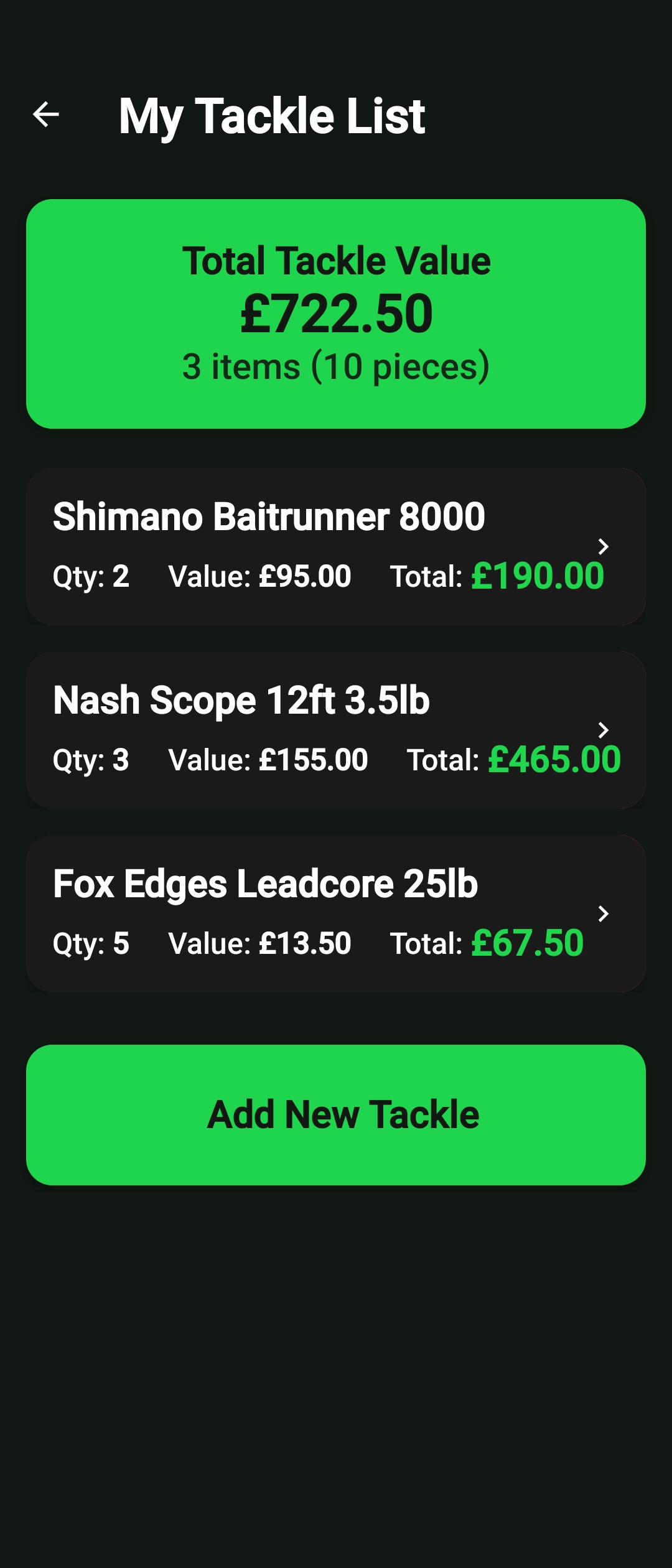 Tackle List - Value Tracking